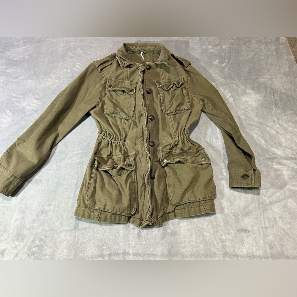Free People Womens M Olive Cotton Pockets Distressed Military Jacket Pockets